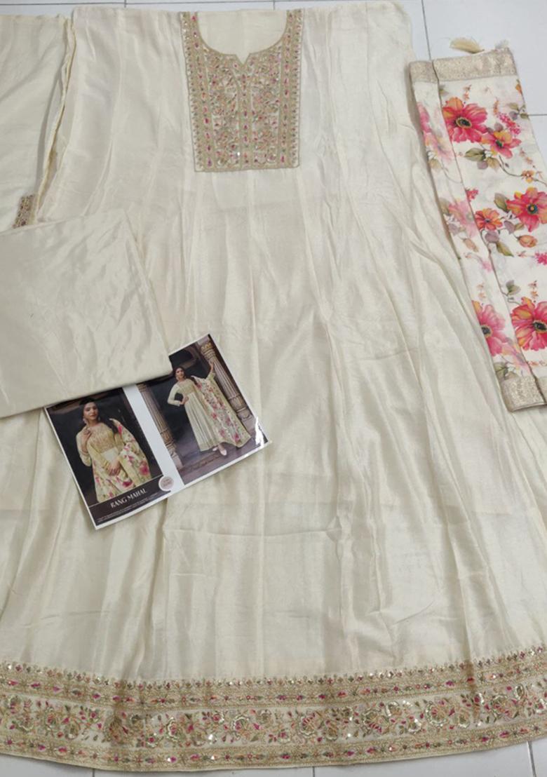 Off White Embroidered Silk Kurta Set