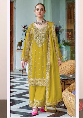 Yellow Embroidered Silk Kurta Set