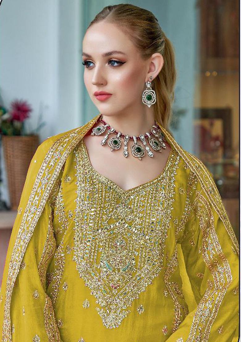 Yellow Embroidered Silk Kurta Set