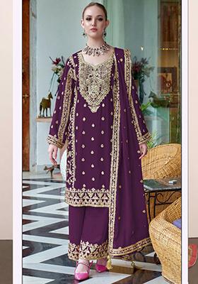 Wine Embroidered Silk Kurta Set