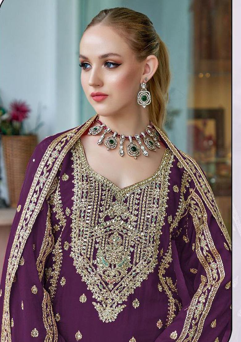 Wine Embroidered Silk Kurta Set