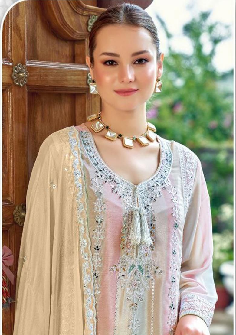 Beige Embroidered Silk Kurta Set