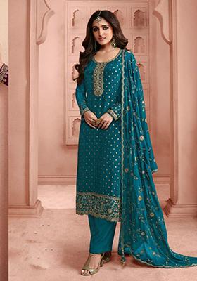 Aqua Blue Embroidered Silk Kurta Set