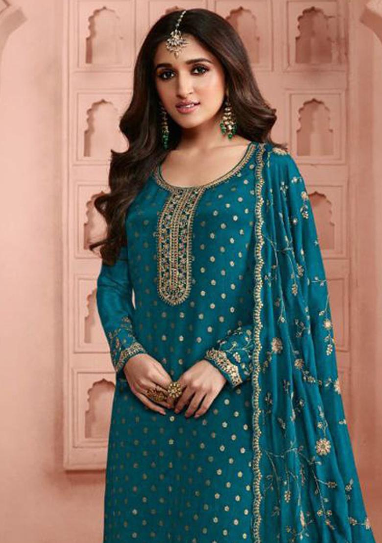 Aqua Blue Embroidered Silk Kurta Set