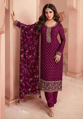 Wine Embroidered Silk Kurta Set