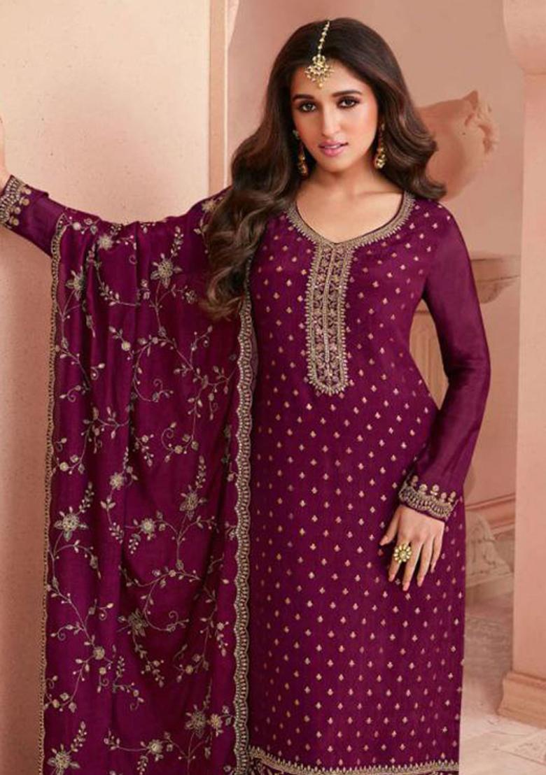 Wine Embroidered Silk Kurta Set