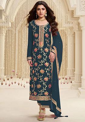 Aqua Blue Sequin Embroidered Viscose Kurta Set