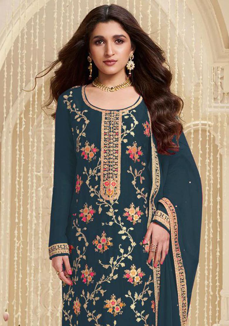 Aqua Blue Sequin Embroidered Viscose Kurta Set