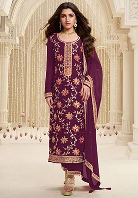 Wine Sequin Embroidered Viscose Kurta Set