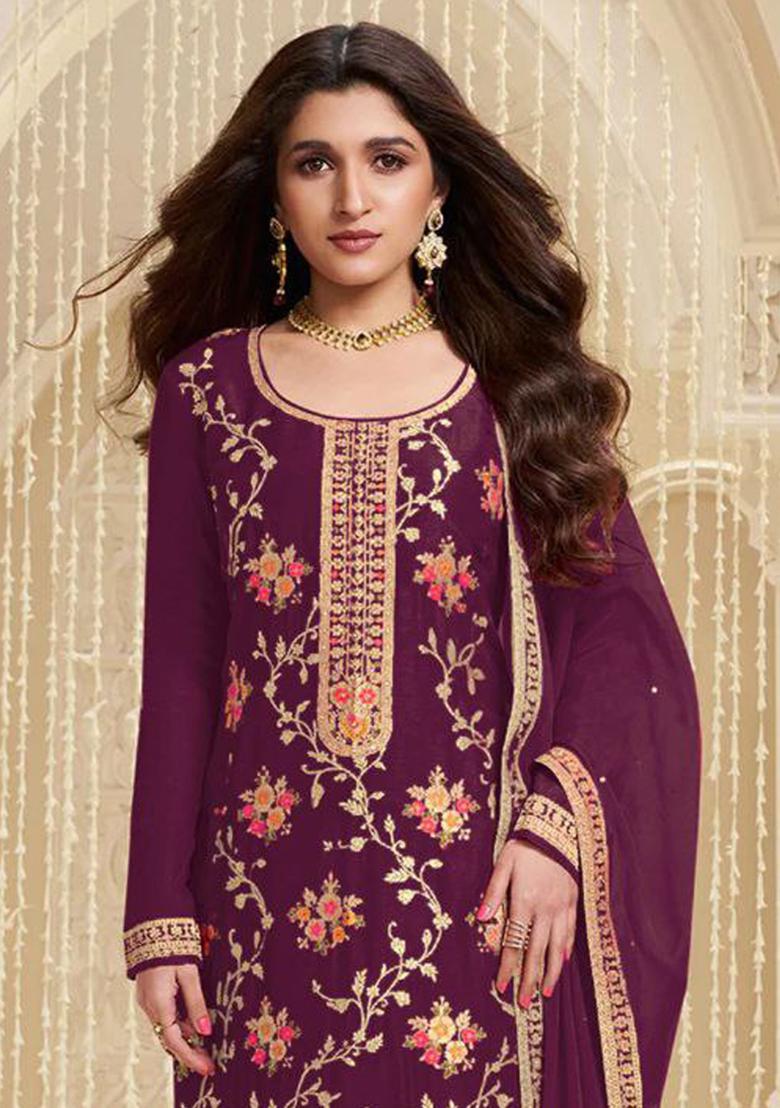 Wine Sequin Embroidered Viscose Kurta Set