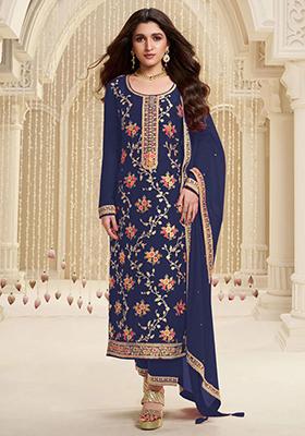 Navy Blue Sequin Embroidered Viscose Kurta Set