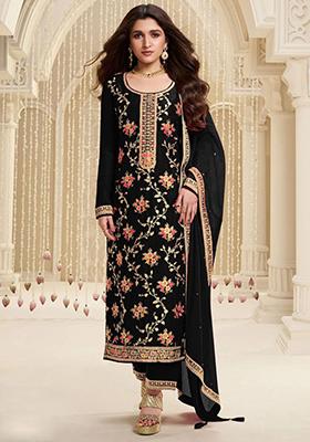 Black Sequin Embroidered Viscose Kurta Set