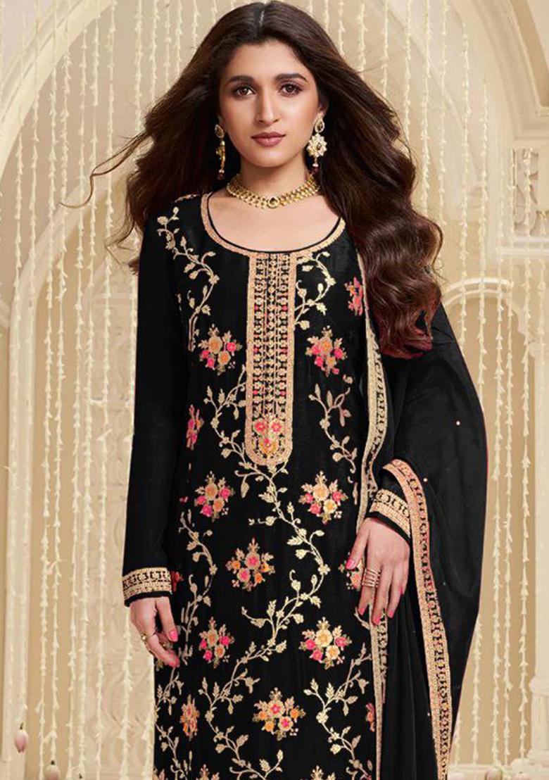 Black Sequin Embroidered Viscose Kurta Set