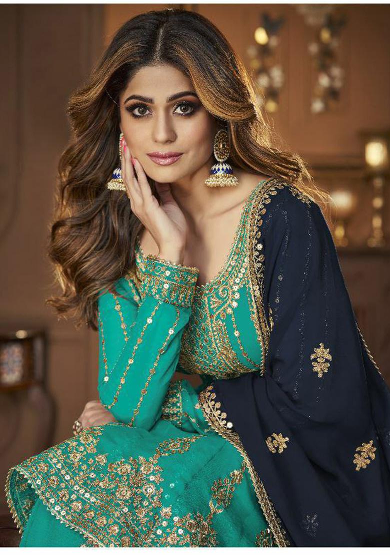 Sky Blue Sequin Embroidered Georgette Kurta Set