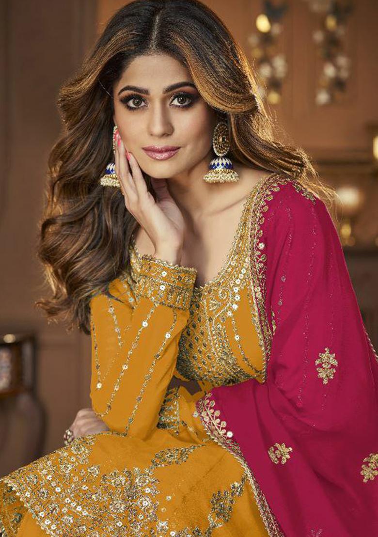 Yellow Sequin Embroidered Georgette Kurta Set