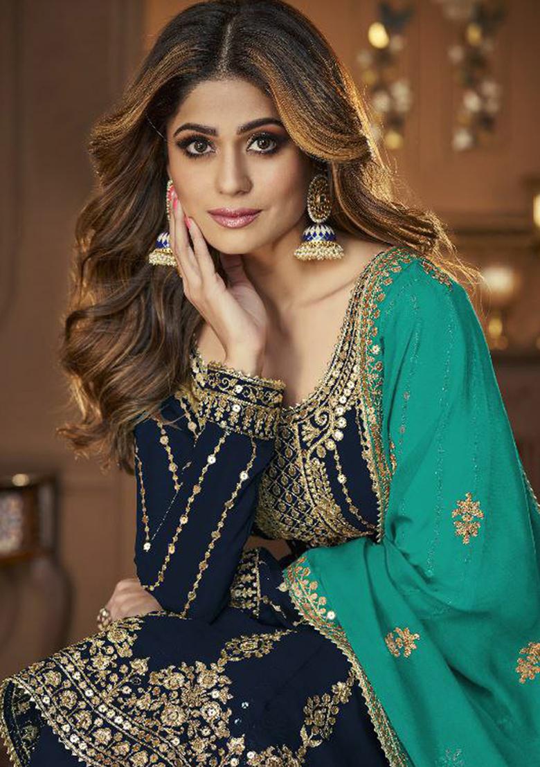 Blue Sequin Embroidered Georgette Kurta Set