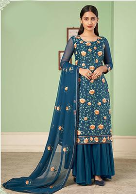 Turquoise Embroidered Georgette Kurta Set
