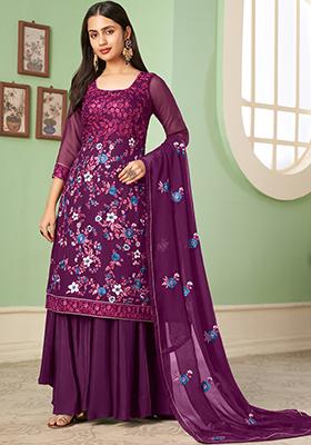 Wine Embroidered Georgette Kurta Set