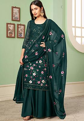 Dark Green Embroidered Georgette Kurta Set