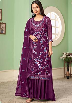 Wine Embroidered Georgette Kurta Set