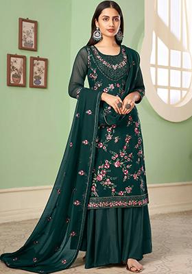 Dark Green Embroidered Georgette Kurta Set