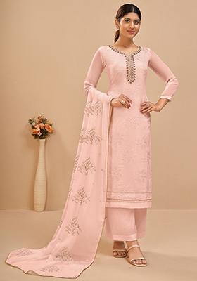 Light Peach Embroidered Georgette Kurta Set