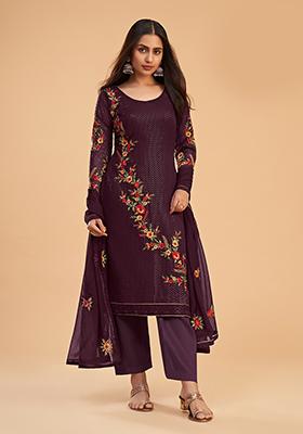 Wine Embroidered Georgette Kurta Set