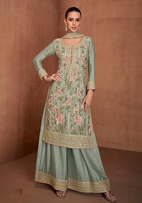 Light Green Thread Embroidered Silk Blend Palazzo Set