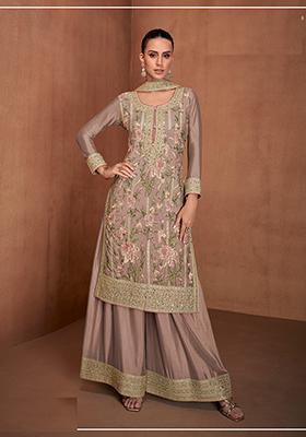 Lavender Thread Embroidered Silk Blend Palazzo Set