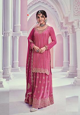 Pink Thread Embroidered Silk Blend Palazzo Set