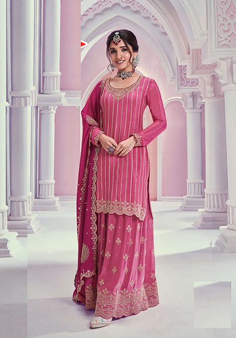 Pink Thread Embroidered Silk Blend Palazzo Set