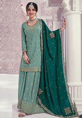 Green Thread Embroidered Silk Blend Palazzo Set