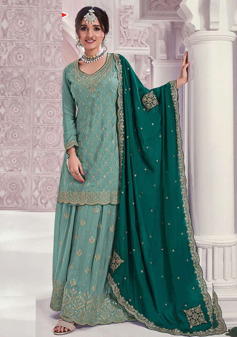 Green Thread Embroidered Silk Blend Palazzo Set - Indya