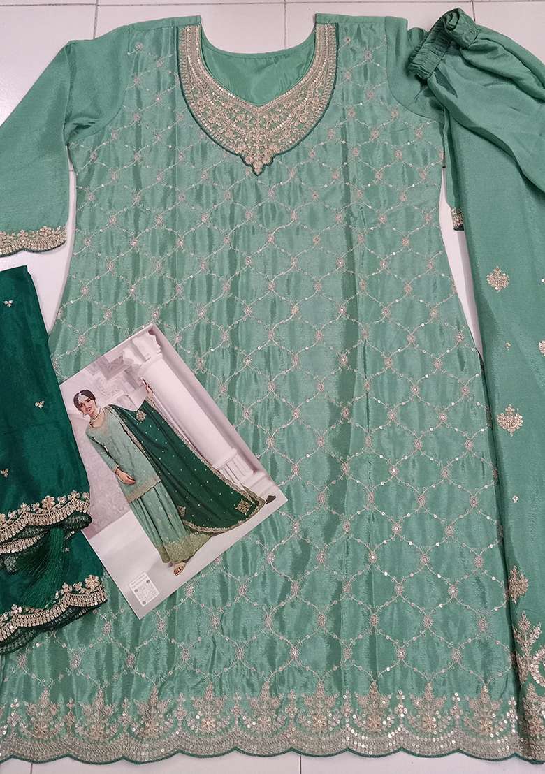 Green Thread Embroidered Silk Blend Palazzo Set - Indya