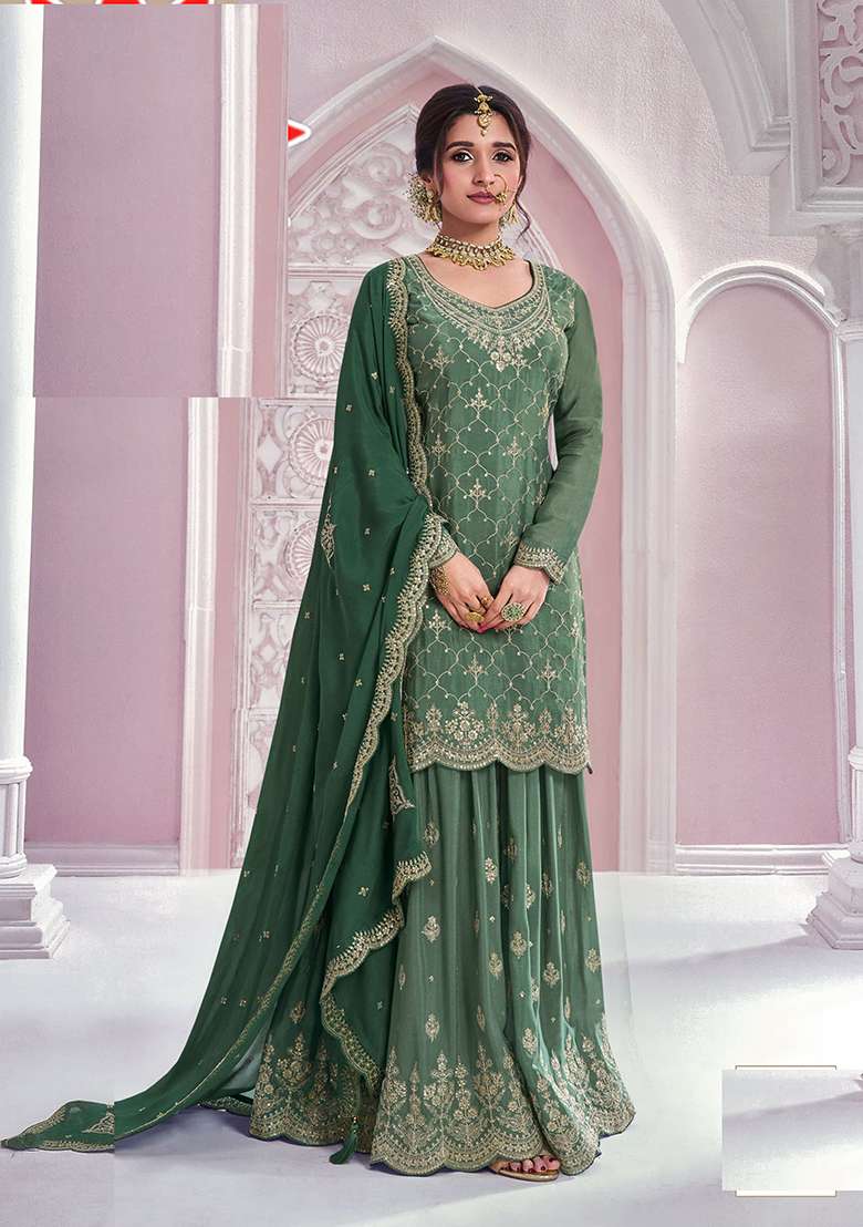 Green Thread Embroidered Silk Blend Palazzo Set - Indya