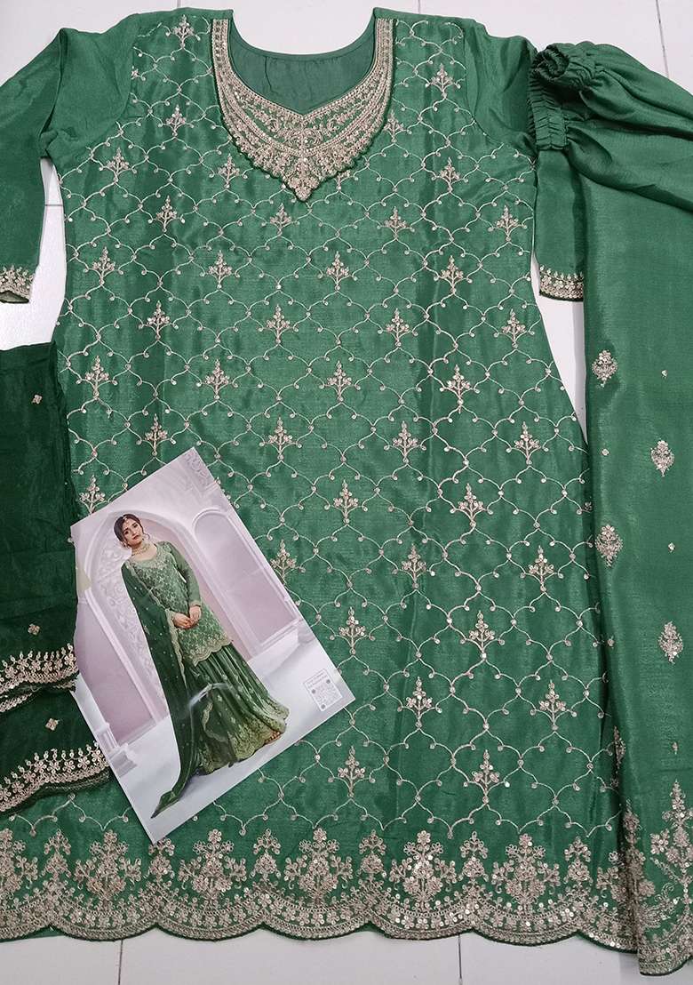 Green Thread Embroidered Silk Blend Palazzo Set - Indya