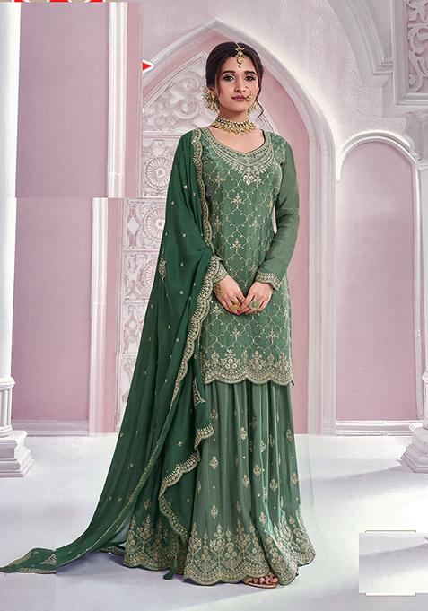 Green Thread Embroidered Silk Blend Palazzo Set