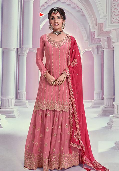Pink Thread Embroidered Silk Blend Palazzo Set