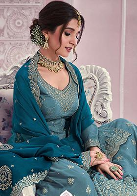 Blue Thread Embroidered Silk Blend Palazzo Set