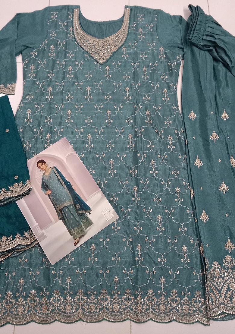 Blue Thread Embroidered Silk Blend Palazzo Set - Indya