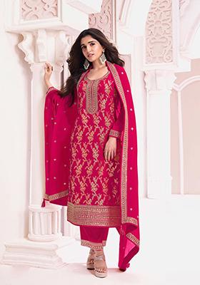 Pink Hand Embroidered Jacquard Kurta Set