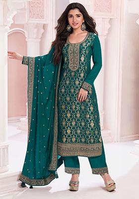 Teal Hand Embroidered Jacquard Kurta Set