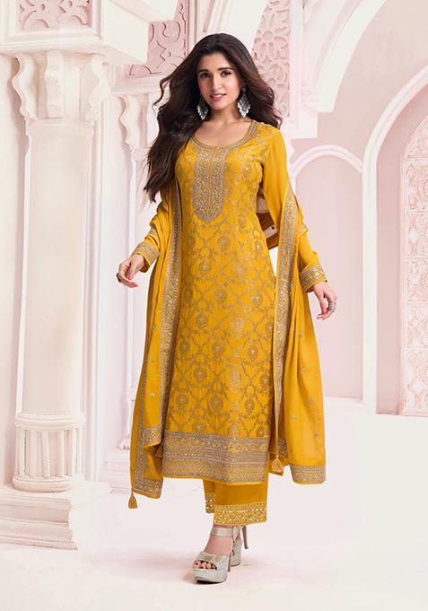 Yellow Hand Embroidered Jacquard Kurta Set
