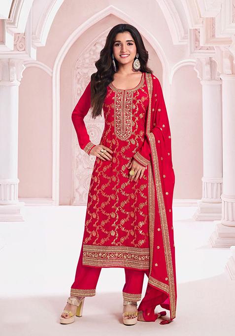Red Hand Embroidered Jacquard Kurta Set