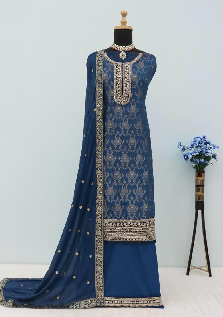 Blue Hand Embroidered Jacquard Kurta Set - Indya