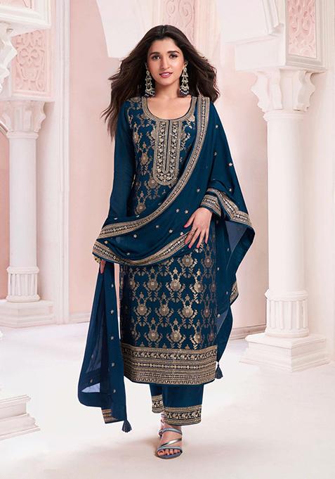 Blue Hand Embroidered Jacquard Kurta Set