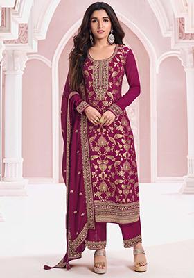 Magenta Hand Embroidered Jacquard Kurta Set
