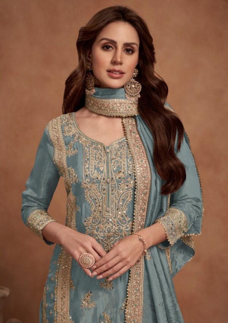 Light Blue Embroidered Silk Palazzo Set