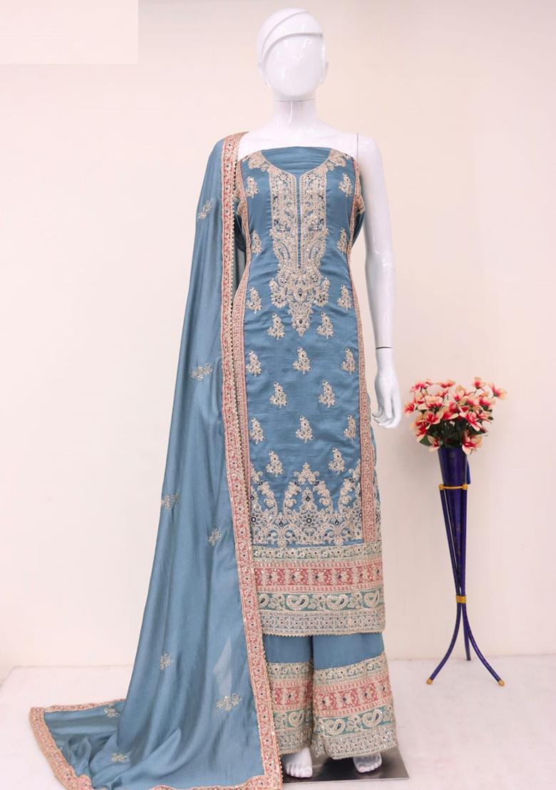Light Blue Embroidered Silk Palazzo Set