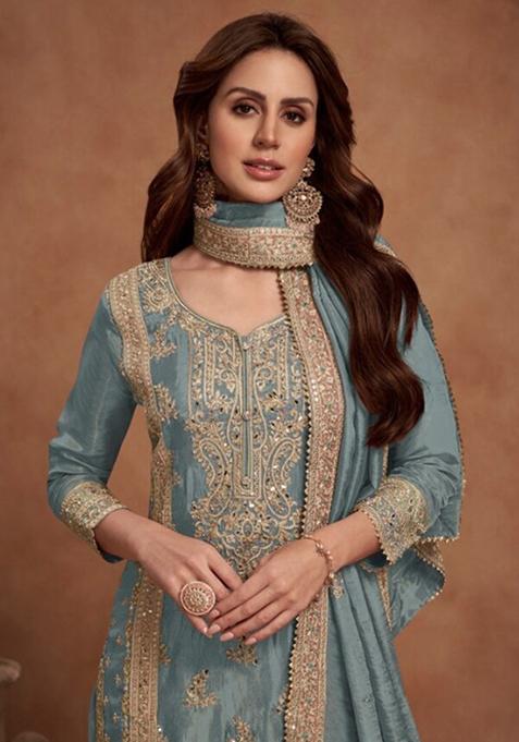 Light Blue Embroidered Silk Palazzo Set